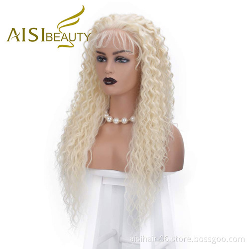 Aisi Beauty Top Quality Vendor Long Wavy 13x6 Kinky Curly 613 Blonde Swiss Lace Synthetic Hair For Black Women Lace Front Wig